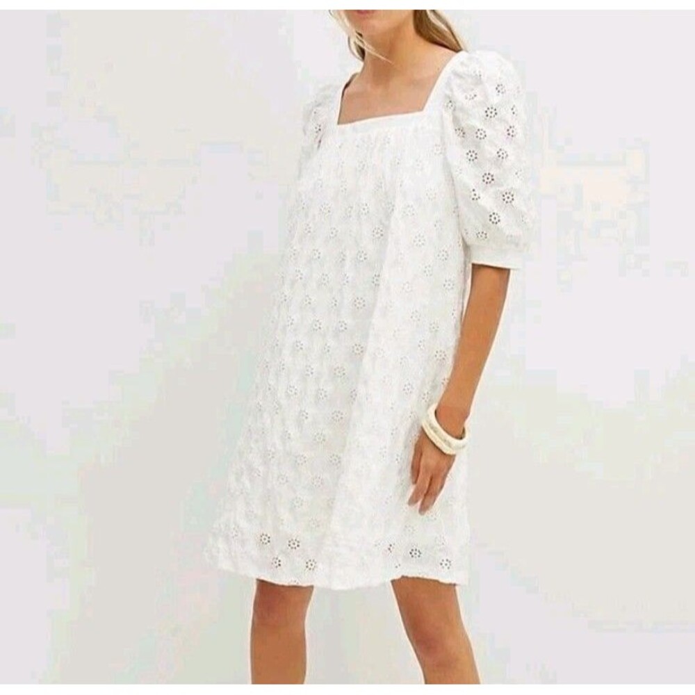 Anthropologie Maeve Eyelet Babydoll Mini Dress White Puff Short Sleeve Flowy XS